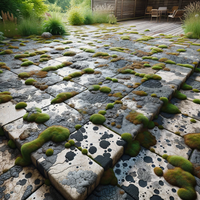 A patio with lichen and black spots on it