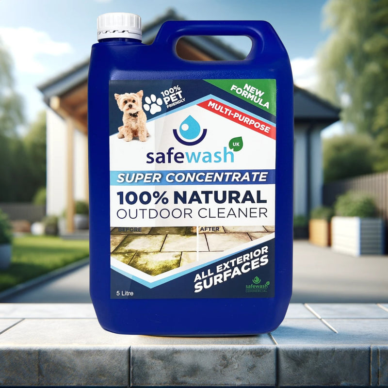 Safewash Super Concentrate 5L, a highly effective, eco-friendly cleaning solution for diverse exterior surfaces