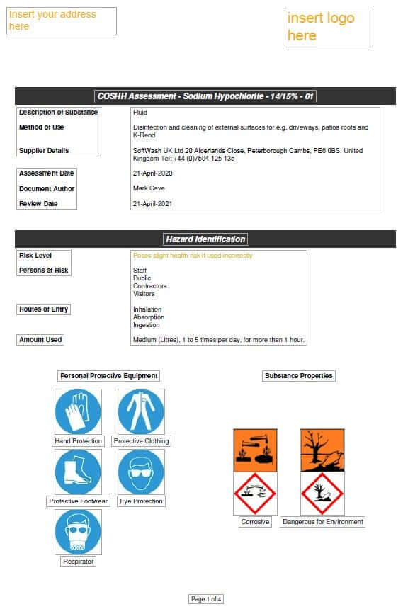 COSHH Assessment For Sodium Hypochlorite 15%