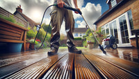 the process of cleaning a wood decking in a UK garden. A person in casual outdoor attire uses a pressure washer on the wooden planks, transforming them from dirty and weathered to clean and revitalized. 