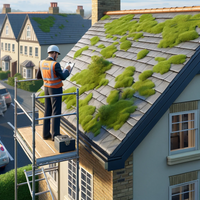roof covered with moss in the United Kingdom, with an insurance inspector examining the roof from a scaffold.