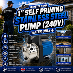 Booster Pump 1” Self Priming Stainless Steel Pump (240V) With 2 X Adaptor Fittings 1" x 3/4"