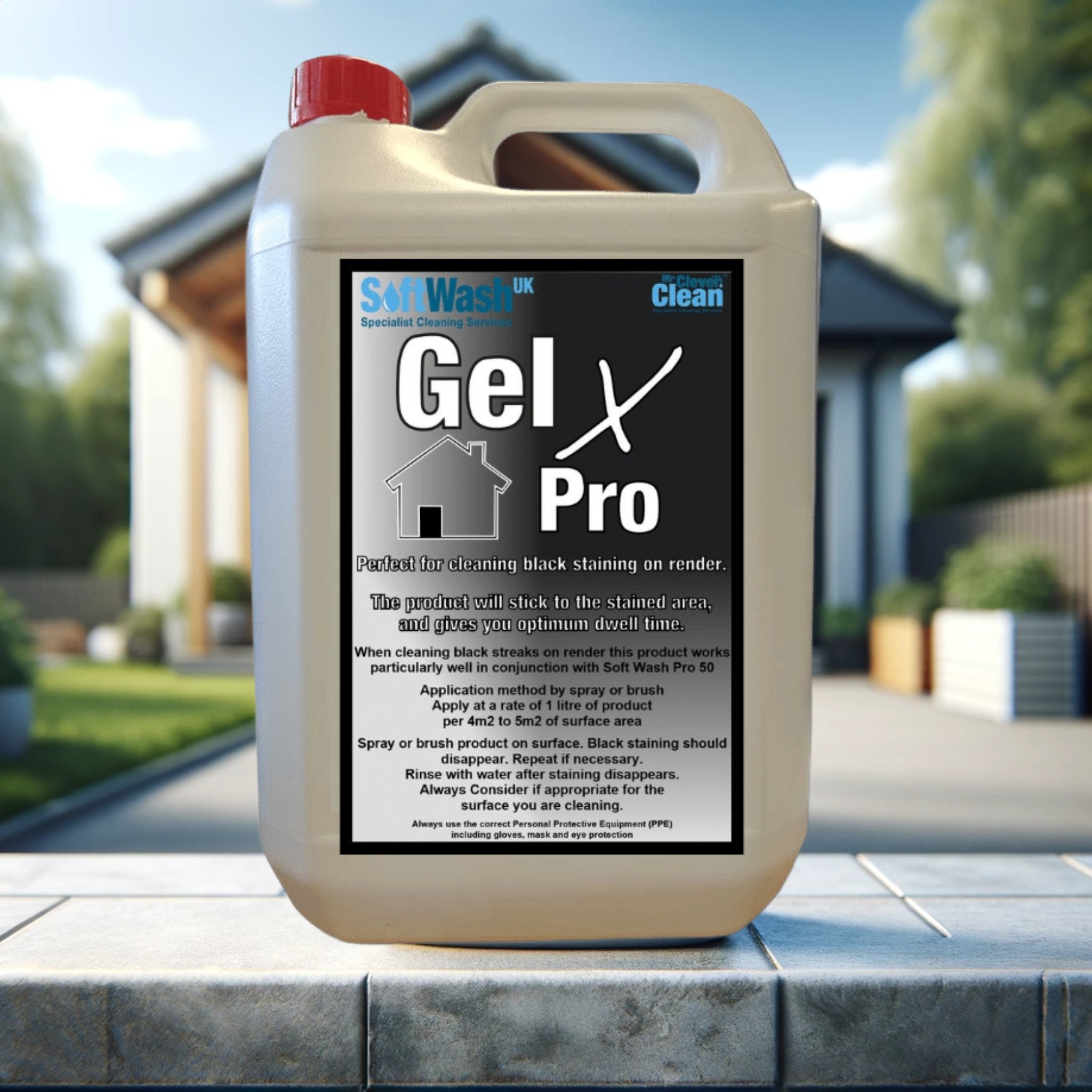 K Render Cleaner Gel X Pro in a 5-liter jug, designed for efficient cleaning and restoration of rendered surfaces