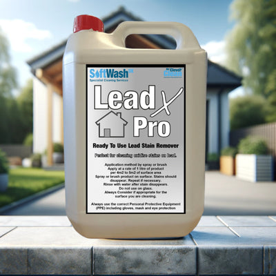 Lead X Pro Ready To Use Lead Stain Remover in a 5-liter bottle, expertly formulated for removing stains from lead surfaces