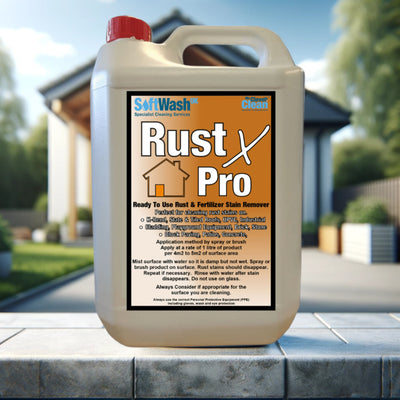 Rust X Pro Render Rust Stain Remover in a 5-liter jug, designed for effective removal of rust stains on rendered surfaces
