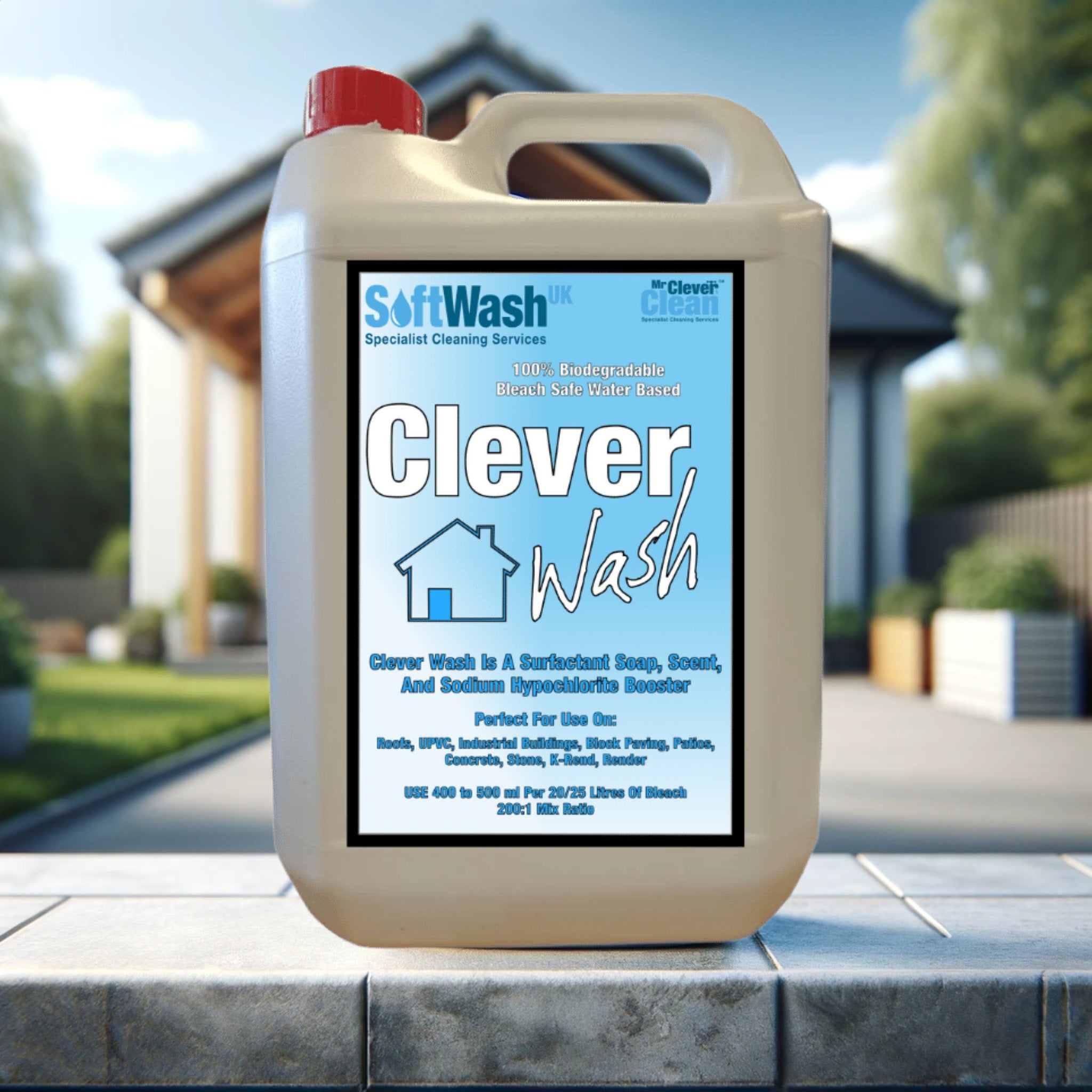 Sodium Hypochlorite Surfactant Clever Wash in a 5-liter bottle, perfect for powerful and efficient exterior cleaning applications