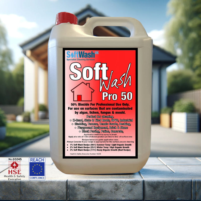Roof Moss Killer Soft Wash Pro 50 Biocide in a 5-liter bottle, specifically formulated for eliminating moss on roofs and exterior surfaces