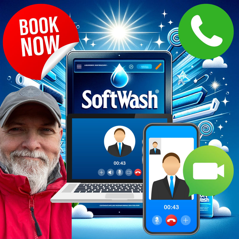 Professional softwashing expert Mark Cave providing personalized consultancy through Popcall, symbolized by a softwashing spray gun and a communication headset, set against a backdrop of eco-friendly exterior cleaning.