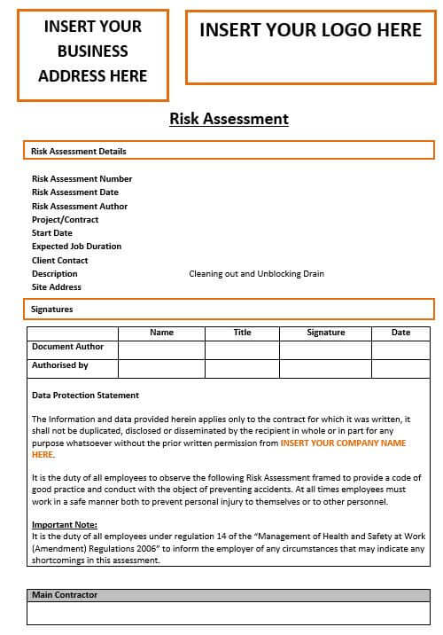 Cleaning out and Unblocking Drain Risk Assessment Template