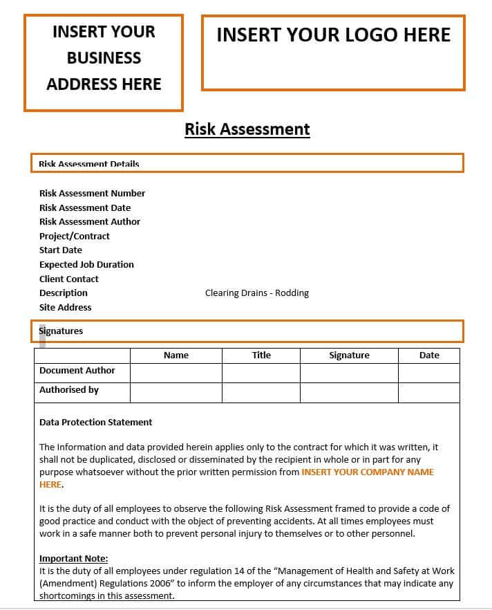 Clearing Drains Rodding Risk Assessment Template