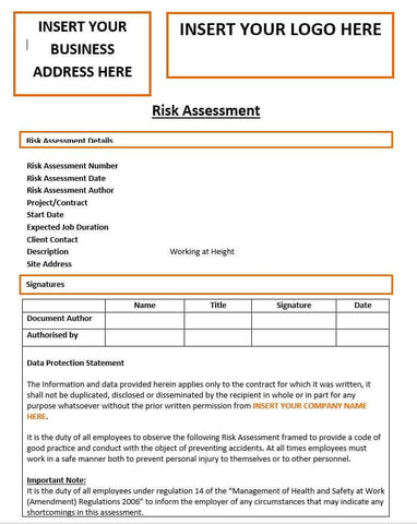 Working at Height Risk Assessment Template
